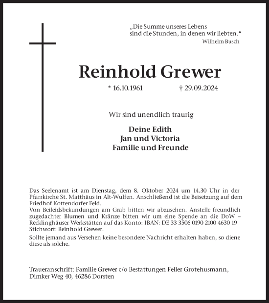 Traueranzeige von Reinhold Grewer von Ruhr Nachrichten und Dorstener Zeitung