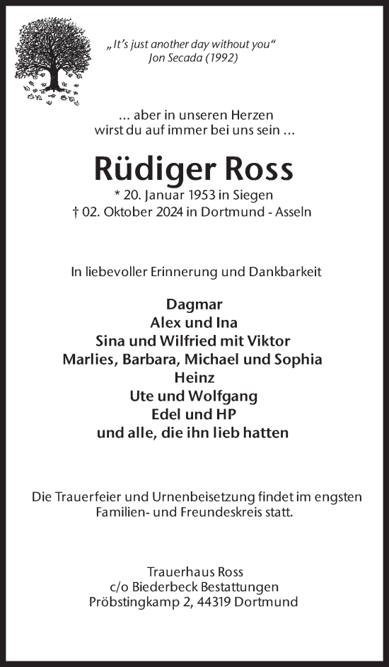 Traueranzeige von Rüdiger Ross von Ruhr Nachrichten