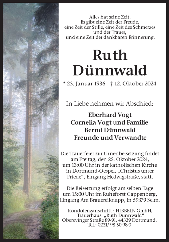 Traueranzeige von Ruth Dünnwald von Ruhr Nachrichten