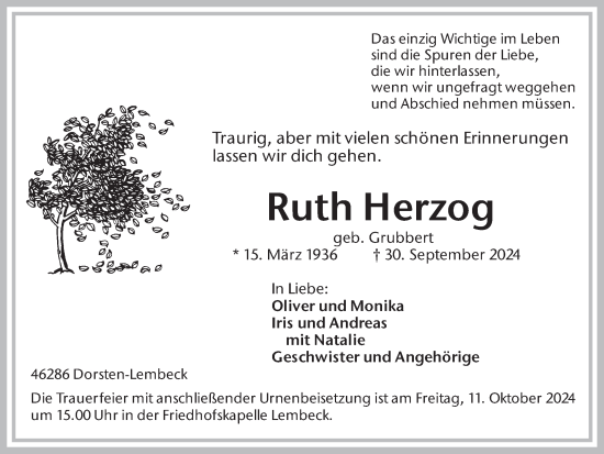 Traueranzeige von Ruth Herzog von Ruhr Nachrichten und Dorstener Zeitung