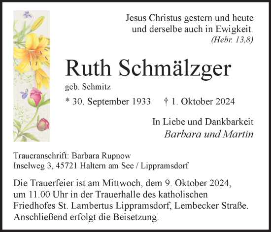 Traueranzeige von Ruth Schmälzger von Ruhr Nachrichten und Halterner Zeitung