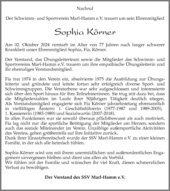 Traueranzeige von Sophia Körner von Trauer Vest