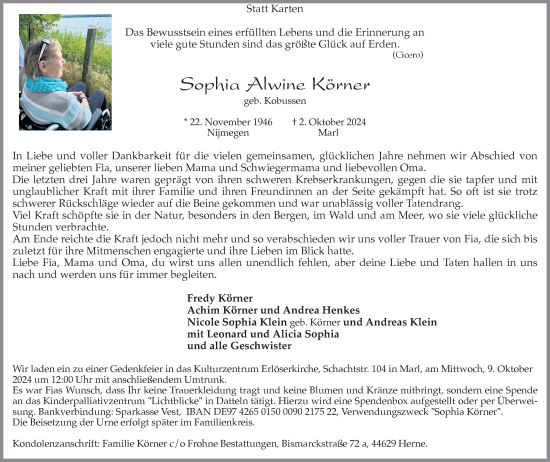 Traueranzeige von Sophia Alwine Körner von Trauer Vest