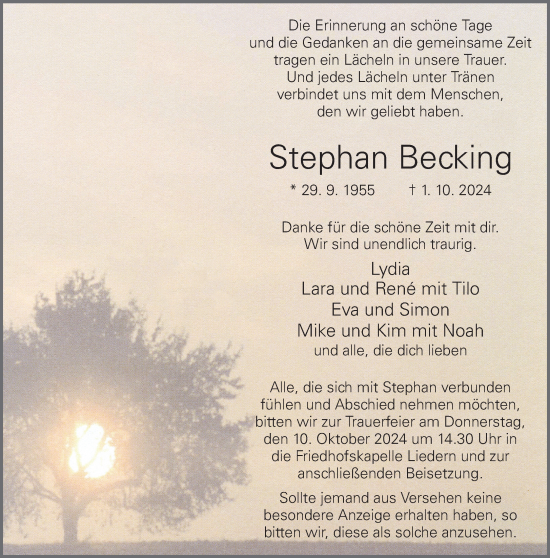 Traueranzeige von Stephan Becking von Bocholter-Borkener Volksblatt