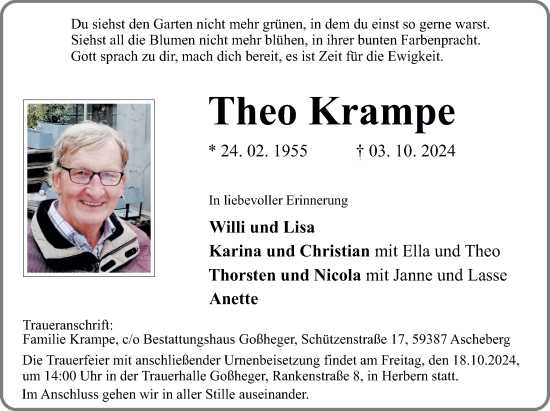 Traueranzeige von Theo Krampe von Ruhr Nachrichten