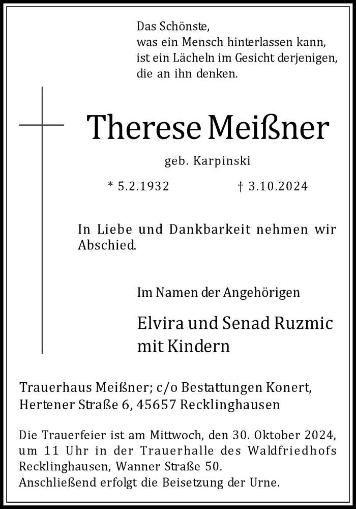  Traueranzeige für Therese Meißner vom 26.10.2024 aus Trauer Vest