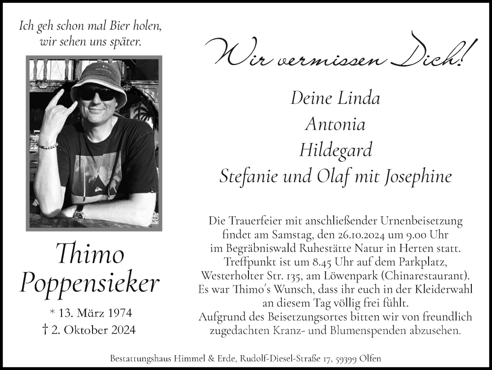  Traueranzeige für Thimo Poppensieker vom 19.10.2024 aus Trauer Vest