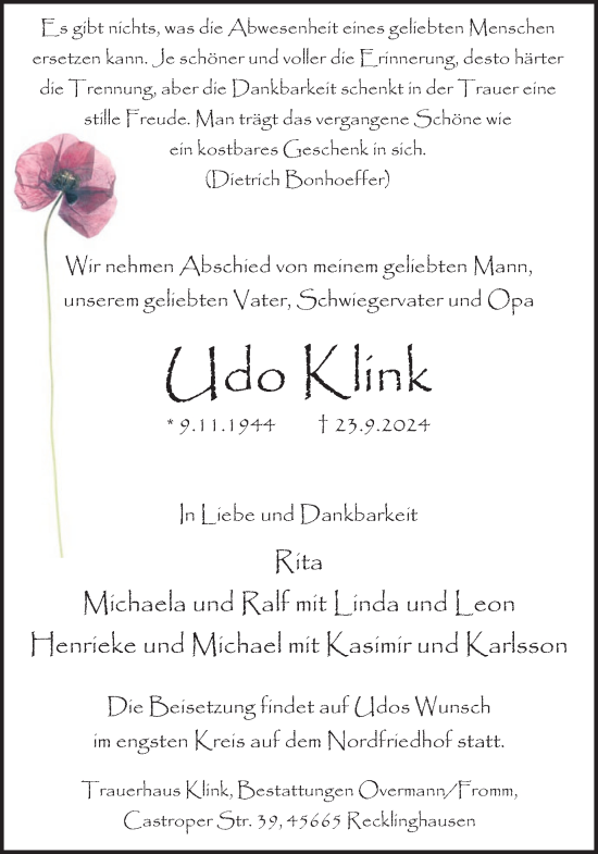 Traueranzeige von Udo Klink von Trauer Vest