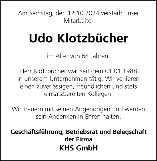 Traueranzeige von Udo Klotzbücher von Ruhr Nachrichten