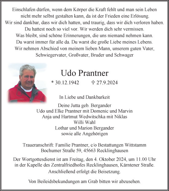 Traueranzeige von Udo Prantner von Trauer Vest