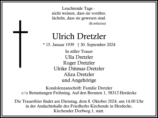 Traueranzeige von Ulrich Dretzler von Ruhr Nachrichten