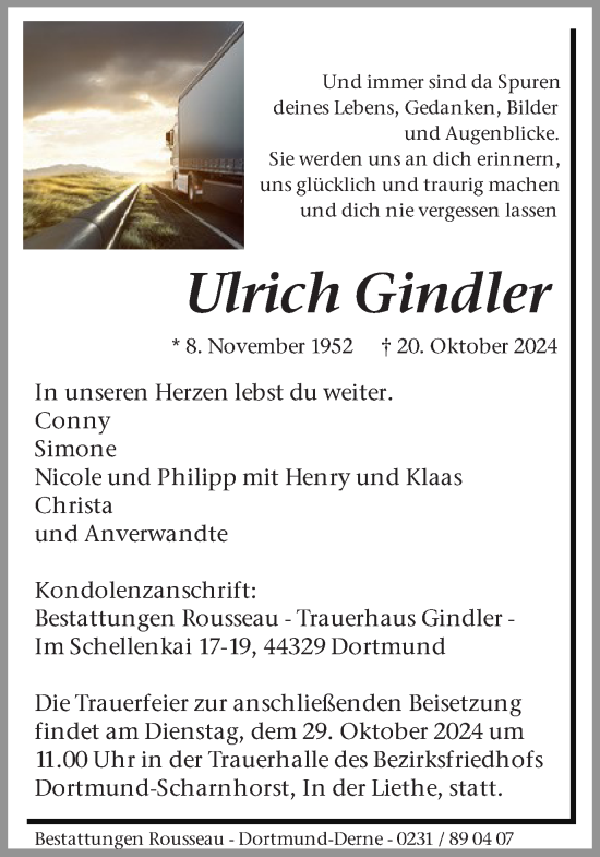 Traueranzeige von Ulrich Gindler von Ruhr Nachrichten