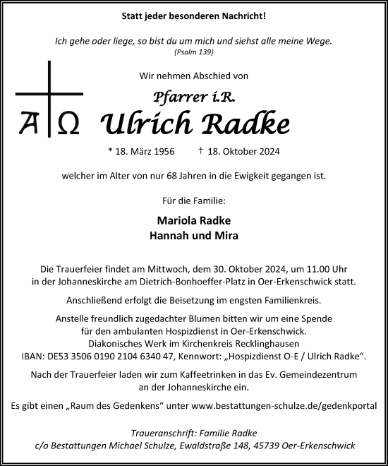 Traueranzeige von Ulrich Radke von Trauer Vest