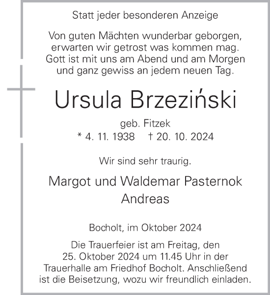 Traueranzeige von Ursula Brzezinski von Bocholter-Borkener Volksblatt