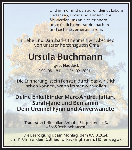 Traueranzeige von Ursula Buchmann von Trauer Vest