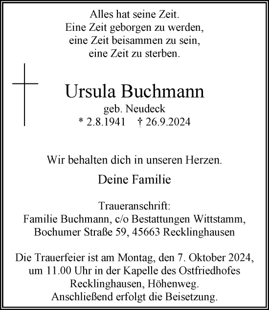 Traueranzeige von Ursula Buchmann von Trauer Vest