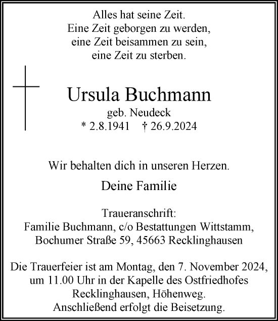 Traueranzeige von Ursula Buchmann von Trauer Vest