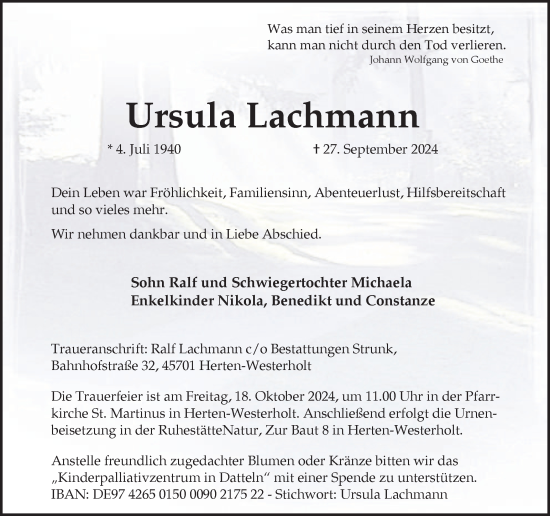 Traueranzeige von Ursula Lachmann von Trauer Vest