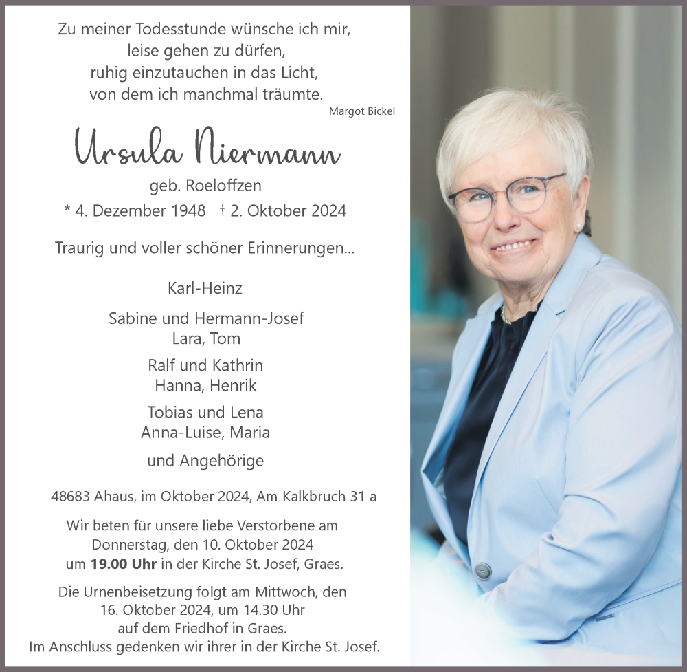  Traueranzeige für Ursula Niermann vom 09.10.2024 aus Münsterland Zeitung