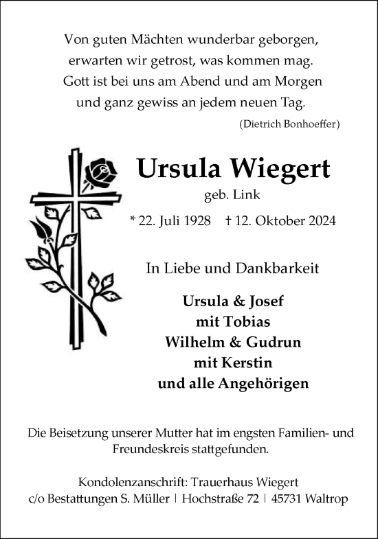 Traueranzeige von Ursula Wiegert von Trauer Vest