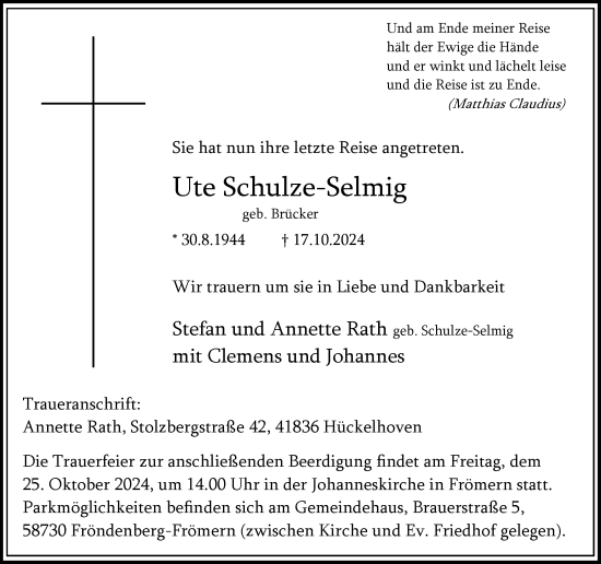 Traueranzeige von Ute Schulze-Selmig von Hellweger Anzeiger