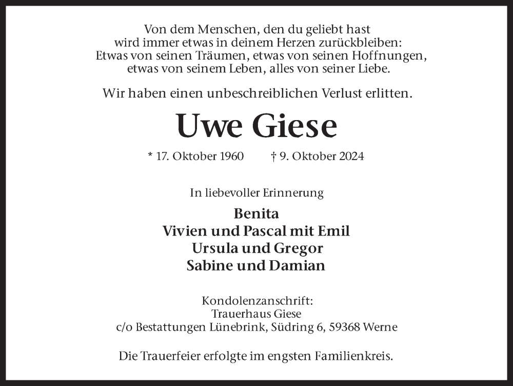  Traueranzeige für Uwe Giese vom 22.10.2024 aus Ruhr Nachrichten