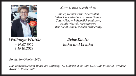 Traueranzeige von Walburga Wuttke von Ruhr Nachrichten und Dorstener Zeitung