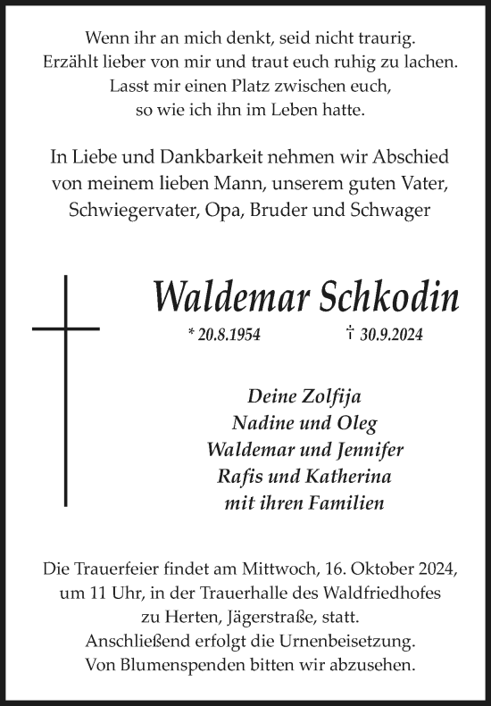 Traueranzeige von Waldemar Schkodin von Trauer Vest