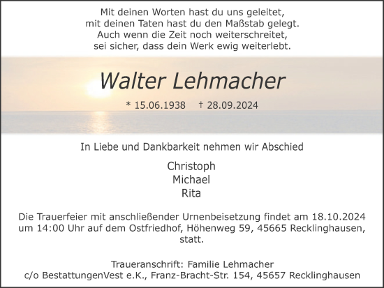 Traueranzeige von Walter Lehmacher von Trauer Vest