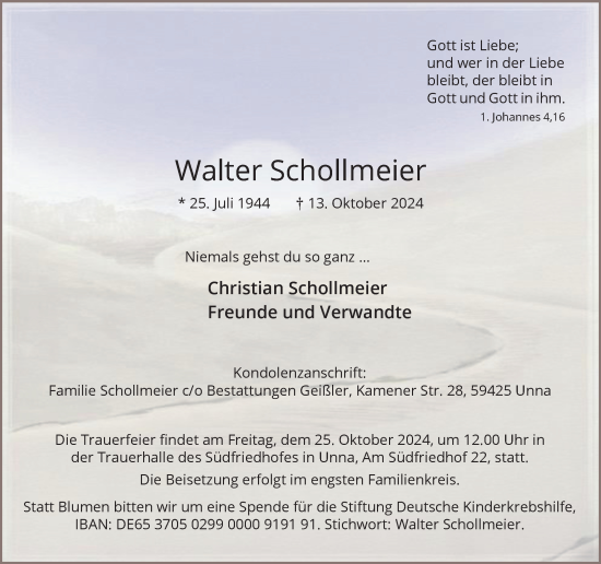 Traueranzeige von Walter Schollmeier von Hellweger Anzeiger