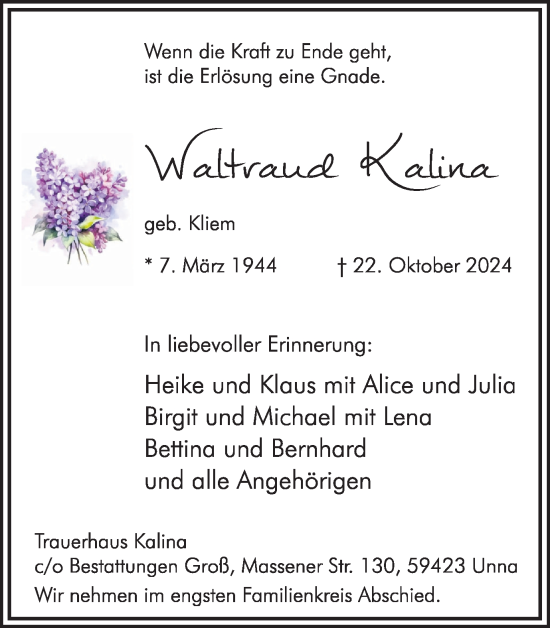 Traueranzeige von Waltraud Kalina von Hellweger Anzeiger