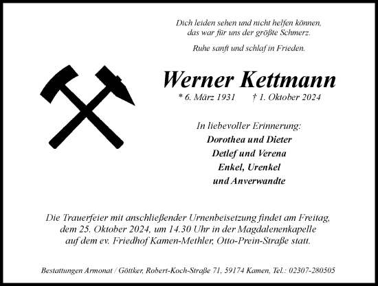 Traueranzeige von Werner Kettmann von Hellweger Anzeiger