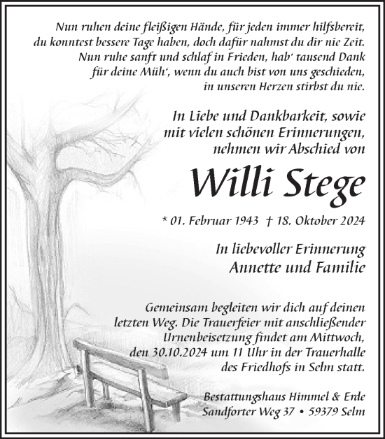 Traueranzeige von Willi Stege von Ruhr Nachrichten