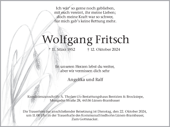 Traueranzeige von Wolfgang Fritsch von Lüner Anzeiger