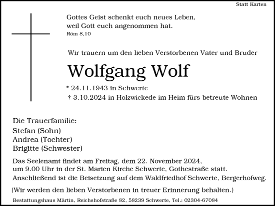 Traueranzeige von Wolfgang Wolf von Ruhr Nachrichten