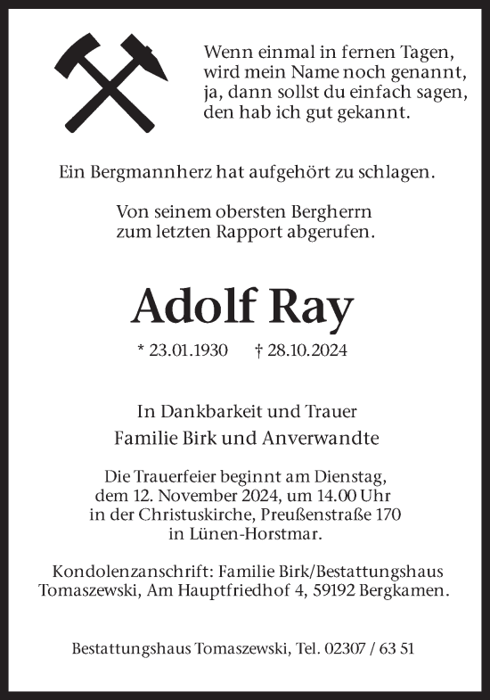 Traueranzeige von Adolf Ray von Hellweger Anzeiger