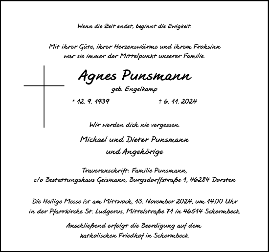 Traueranzeige von Agnes Punsmann von Ruhr Nachrichten und Dorstener Zeitung