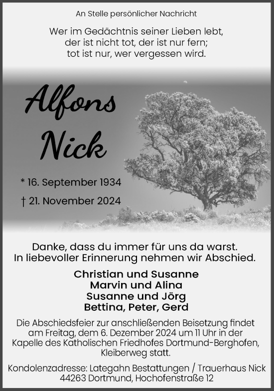 Traueranzeige von Alfons Nick von Ruhr Nachrichten