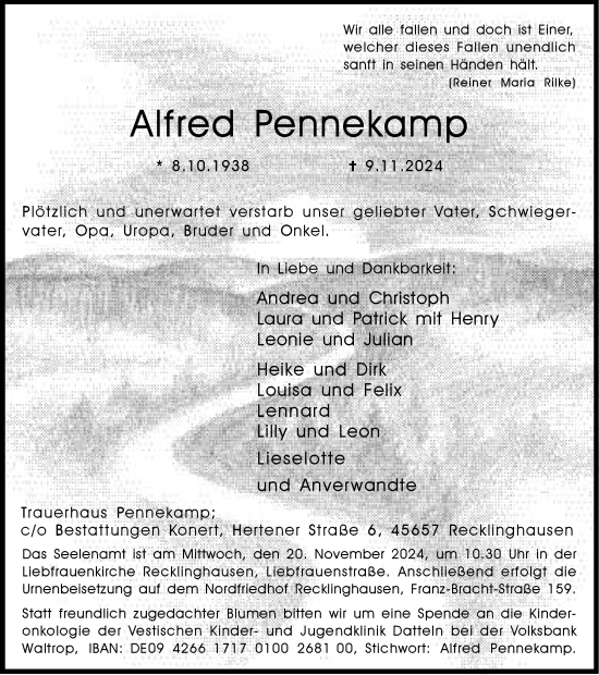 Traueranzeige von Alfred Pennekamp von Trauer Vest
