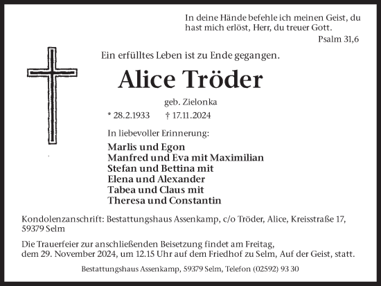 Traueranzeige von Alice Tröder von Ruhr Nachrichten