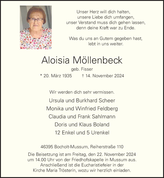 Traueranzeige von Aloisia Möllenbeck von Bocholter-Borkener Volksblatt