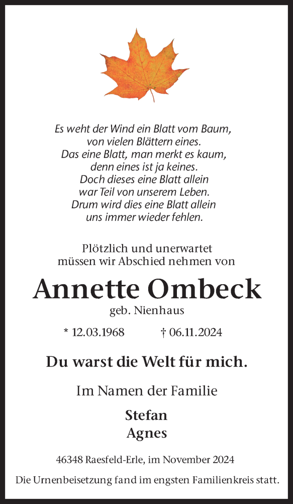  Traueranzeige für Annette Ombeck vom 20.11.2024 aus Ruhr Nachrichten und Dorstener Zeitung