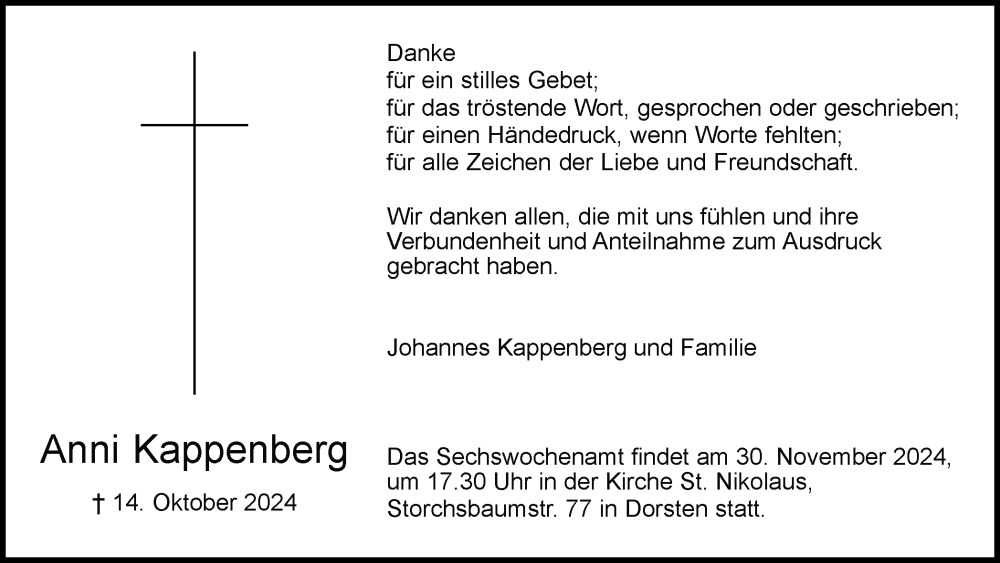  Traueranzeige für Anni Kappenberg vom 27.11.2024 aus Ruhr Nachrichten und Dorstener Zeitung