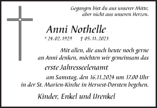 Traueranzeige von Anni Nothelle von Ruhr Nachrichten und Dorstener Zeitung