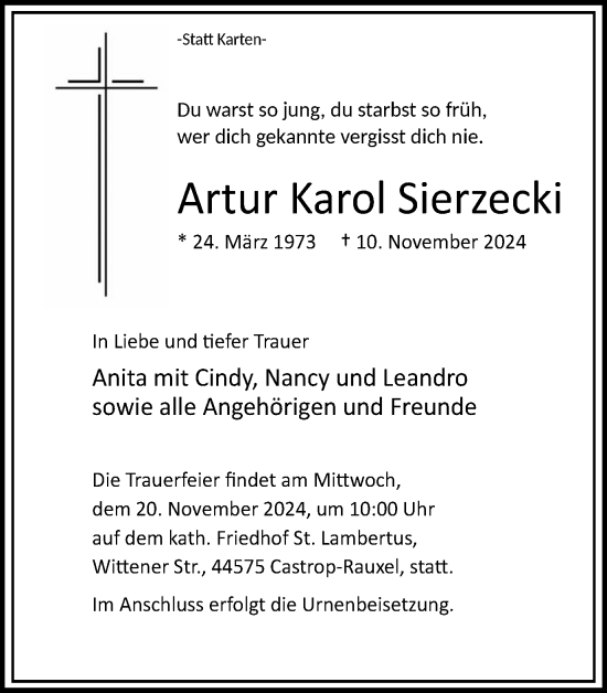 Traueranzeige von Artur Karol Sierzecki von Stadtanzeiger Castrop-Rauxel