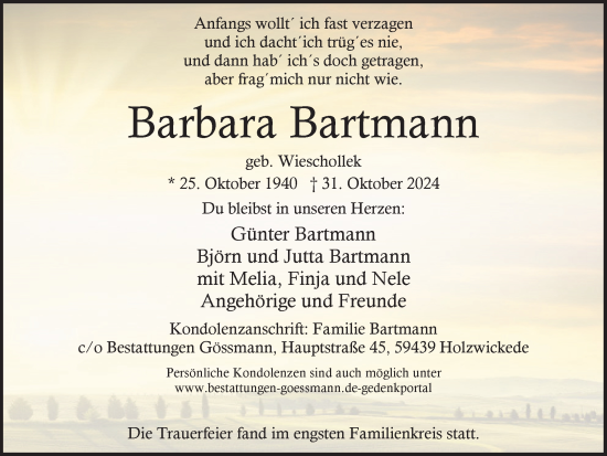 Traueranzeige von Barbara Bartmann von Hellweger Anzeiger