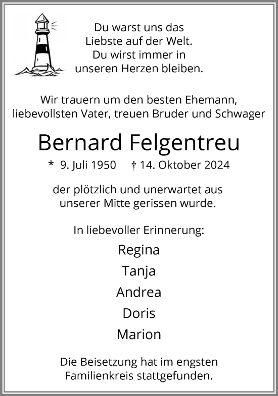 Traueranzeige von Bernard Felgentreu von Hellweger Anzeiger