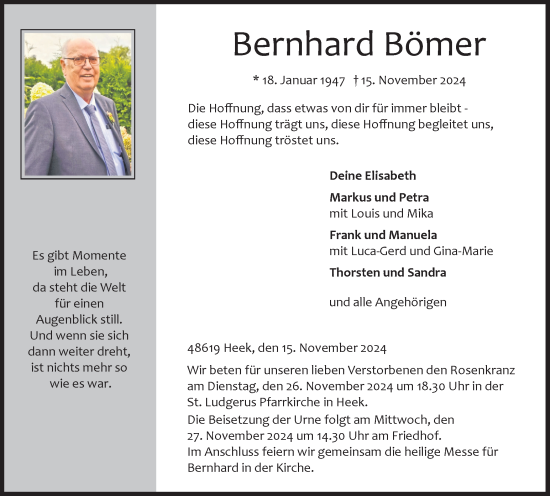 Traueranzeige von Bernhard Bömer von Münsterland Zeitung