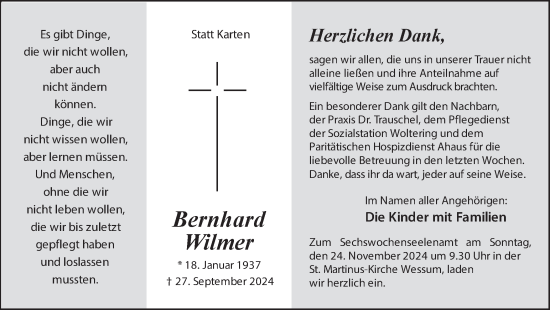 Traueranzeige von Bernhard Wilmer von Münsterland Zeitung