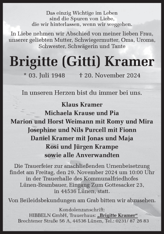 Traueranzeige von Brigitte Kramer von Ruhr Nachrichten